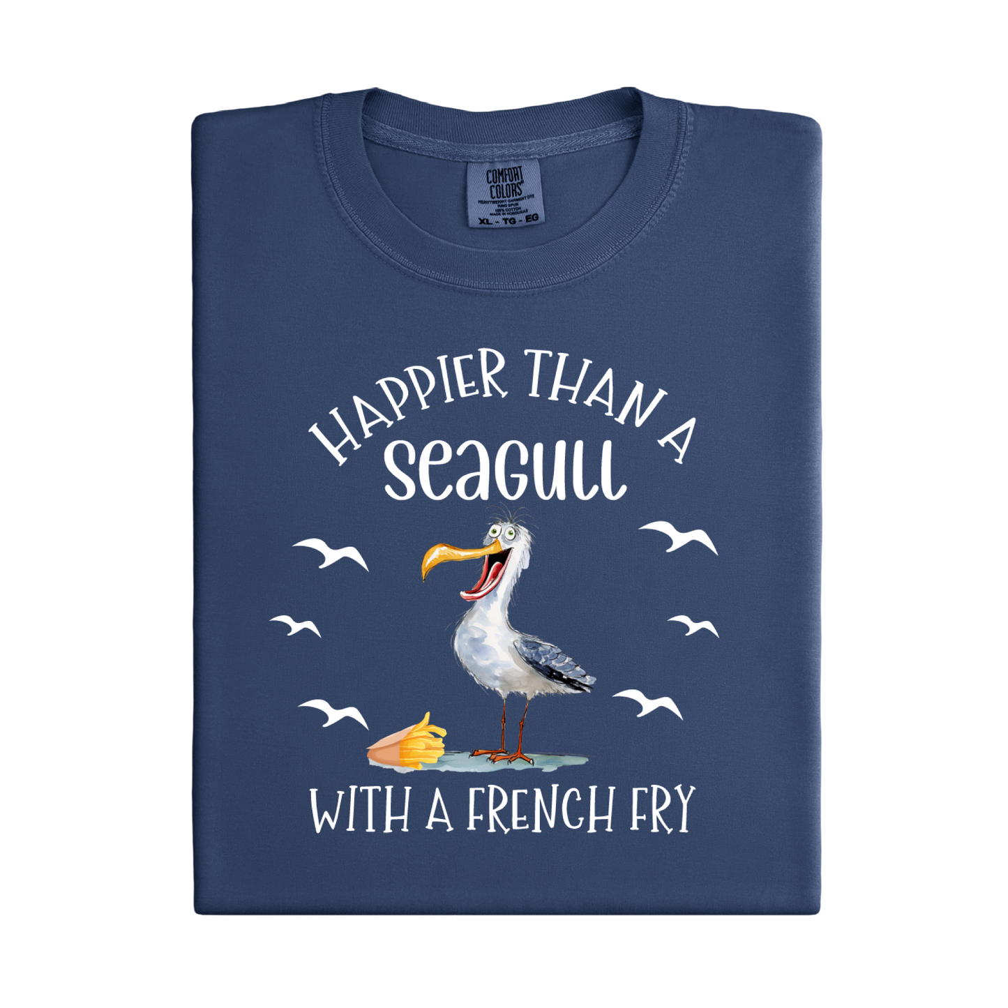 Folded navy blue t-shirt with a seagull graphic and text on a white background