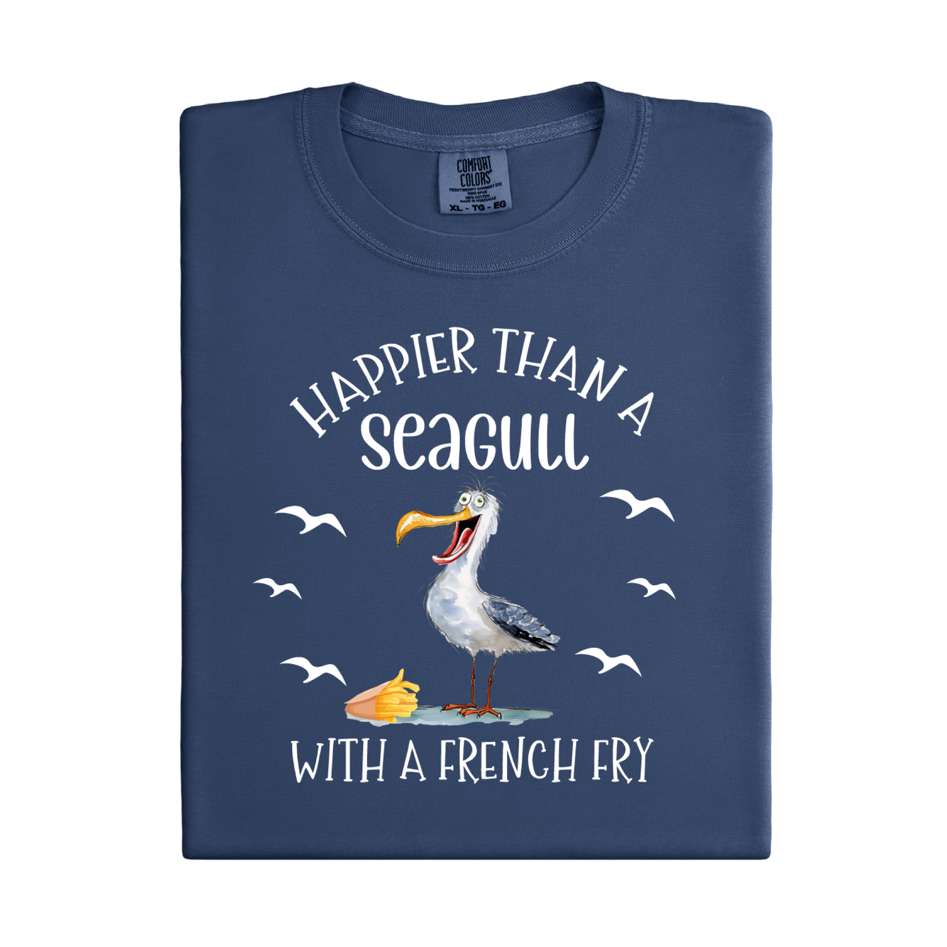 Folded navy blue t-shirt with a seagull graphic and text on a white background