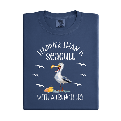 Folded navy blue t-shirt with a seagull graphic and text on a white background