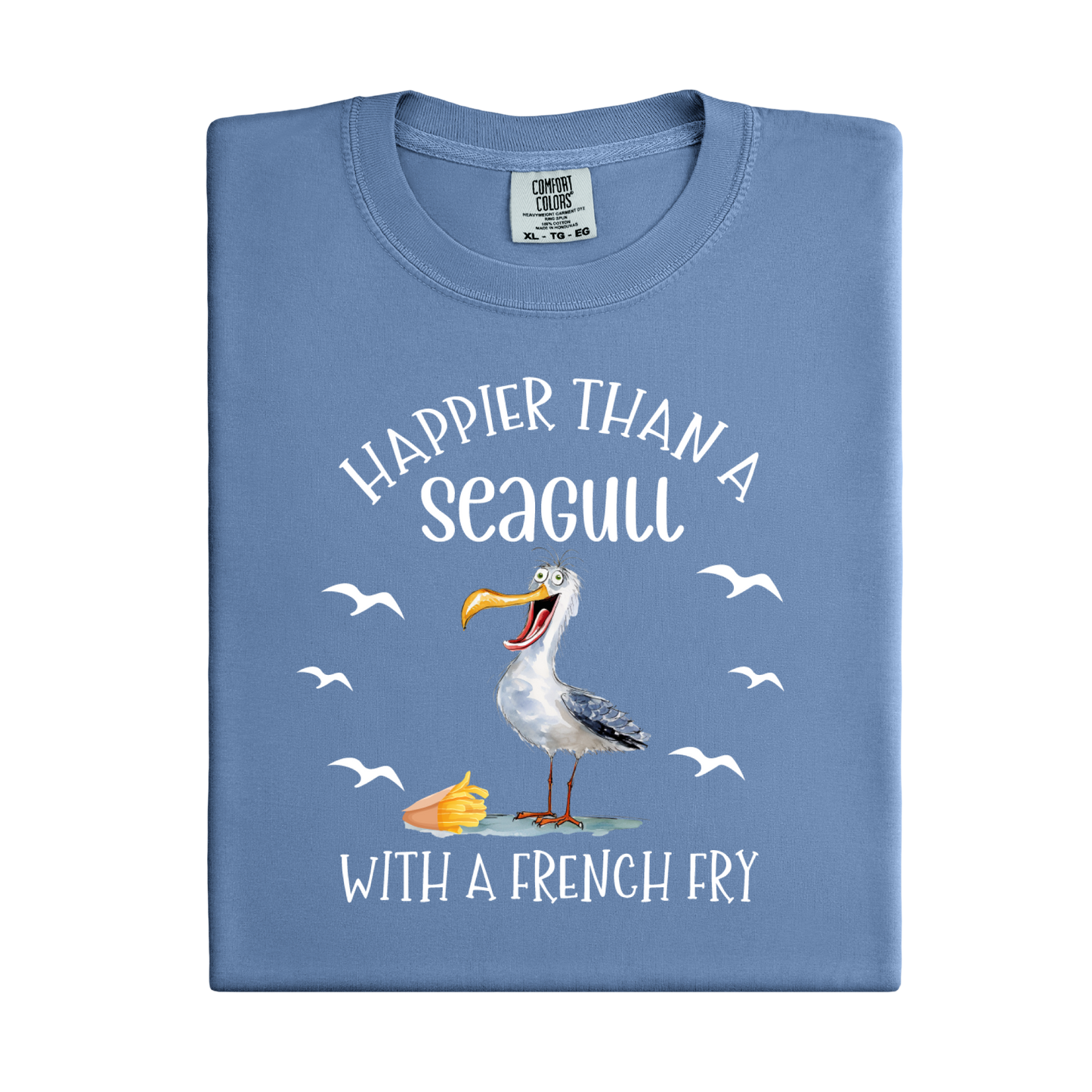 Folded blue t-shirt with a seagull graphic and text on a white background