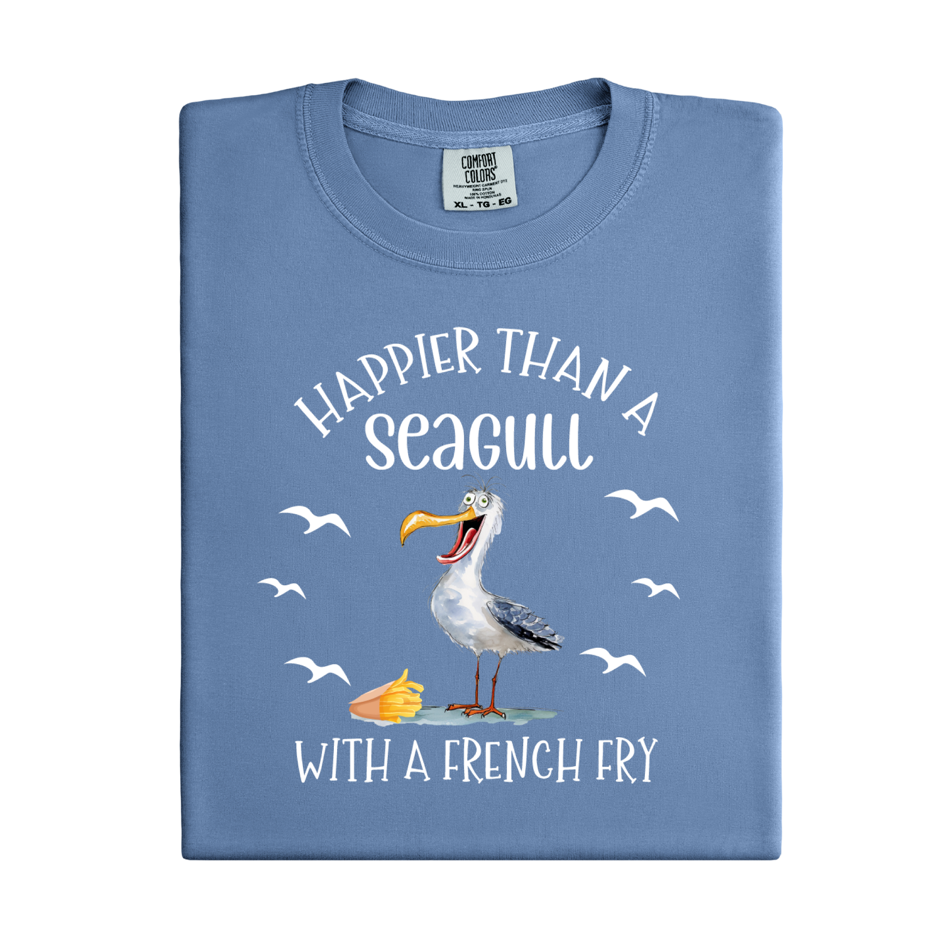 Folded blue t-shirt with a seagull graphic and text on a white background
