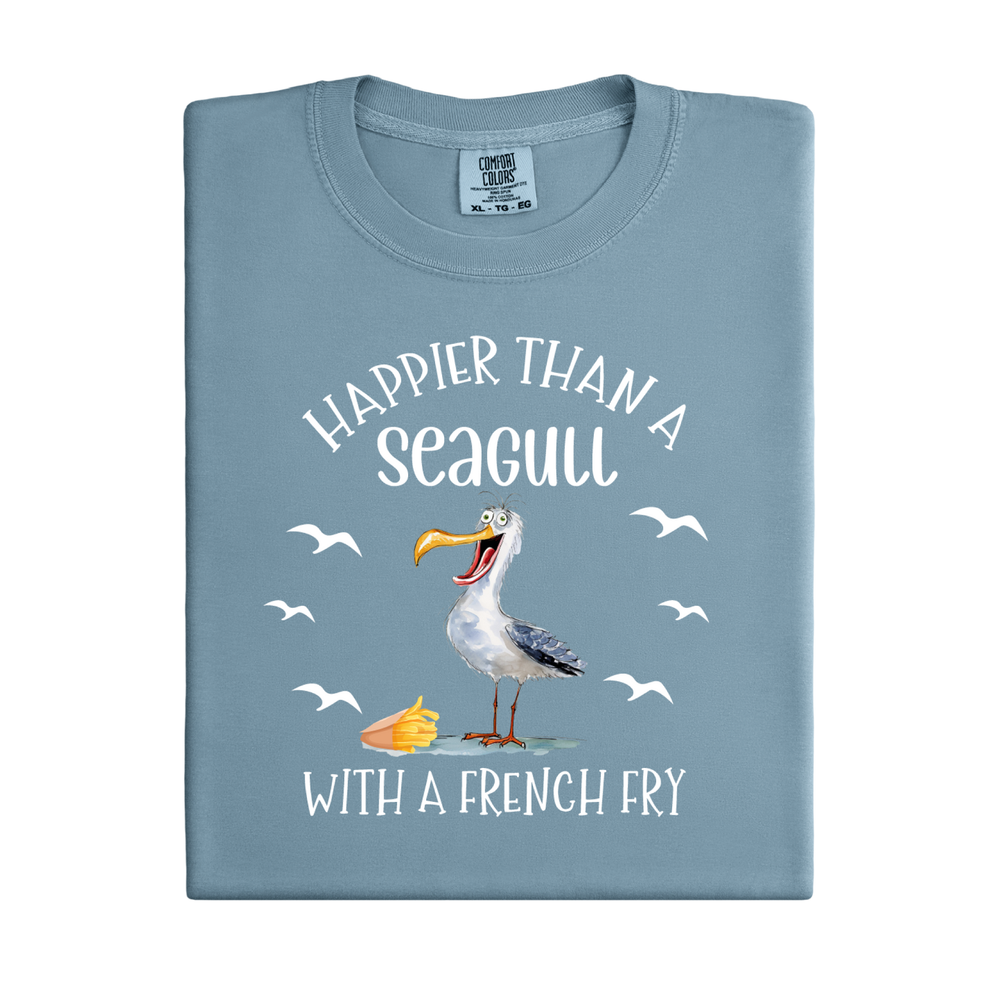 Folded blue t-shirt with a seagull graphic and text on a white background
