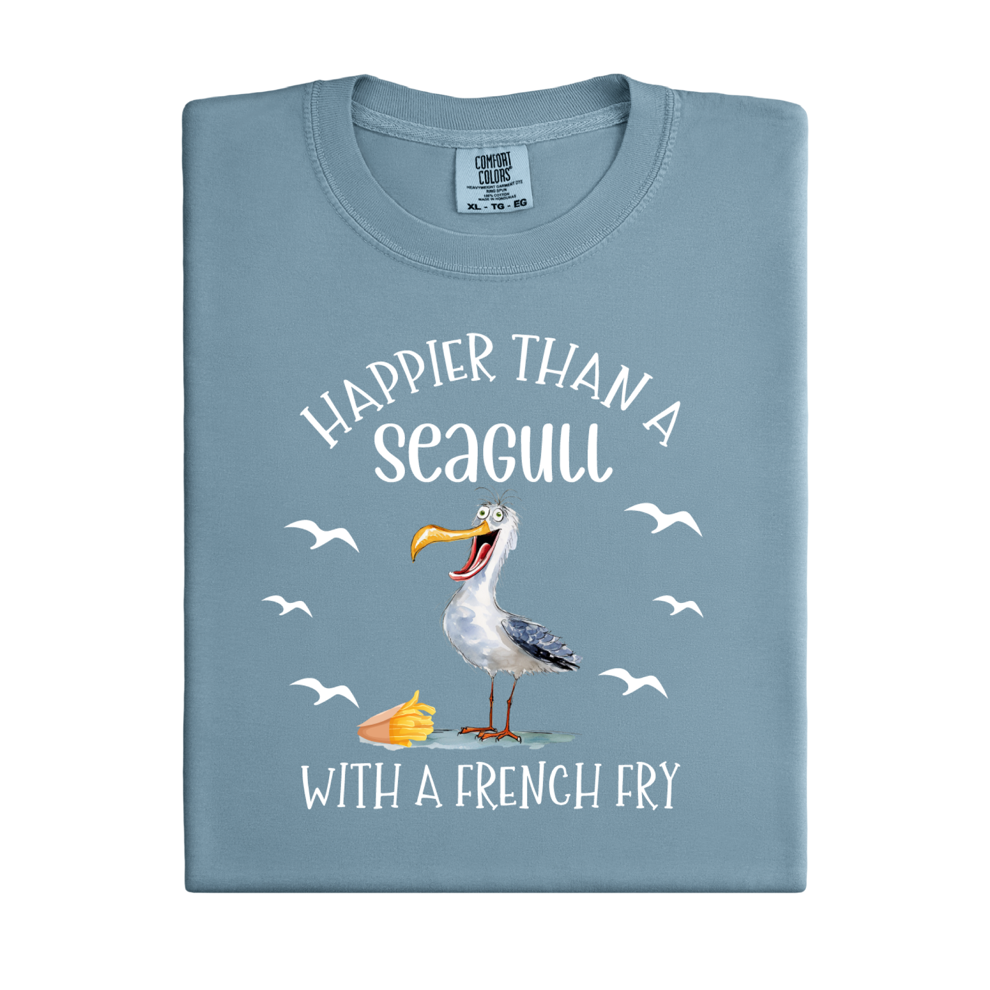 Folded blue t-shirt with a seagull graphic and text on a white background