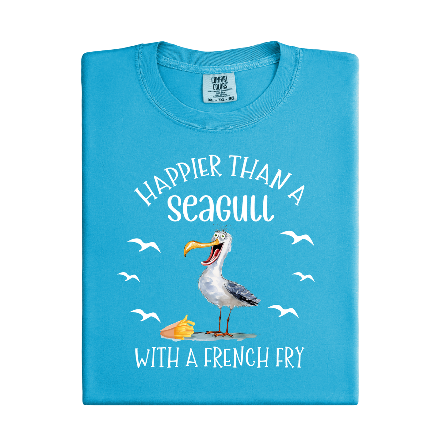 Blue t-shirt with a seagull graphic and text on a white background
