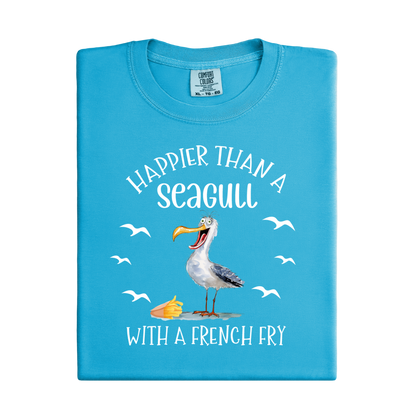 Blue t-shirt with a seagull graphic and text on a white background