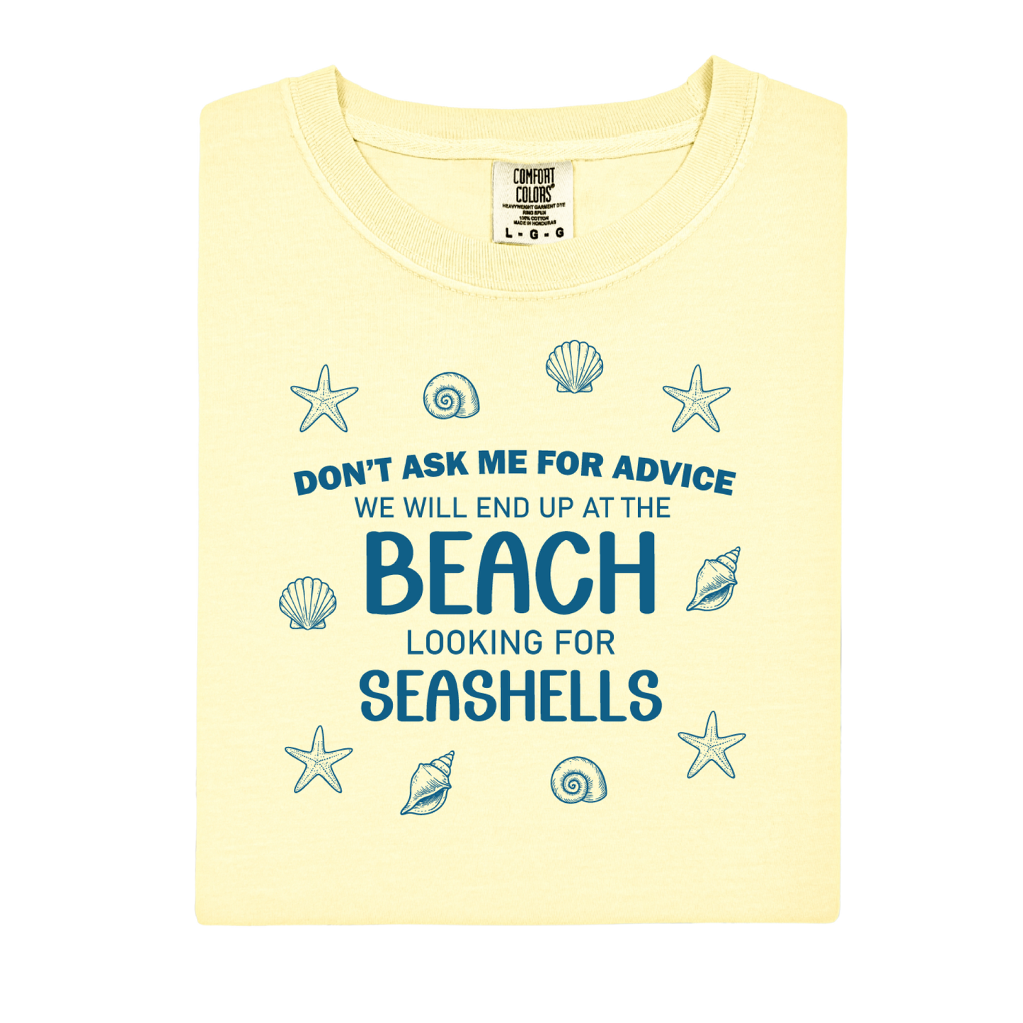 Yellow t-shirt with beach-themed text and graphics on a white background