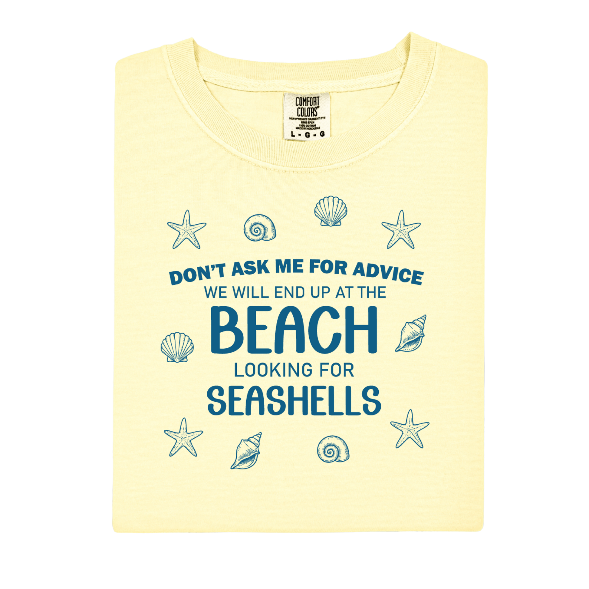 Yellow t-shirt with beach-themed text and graphics on a white background