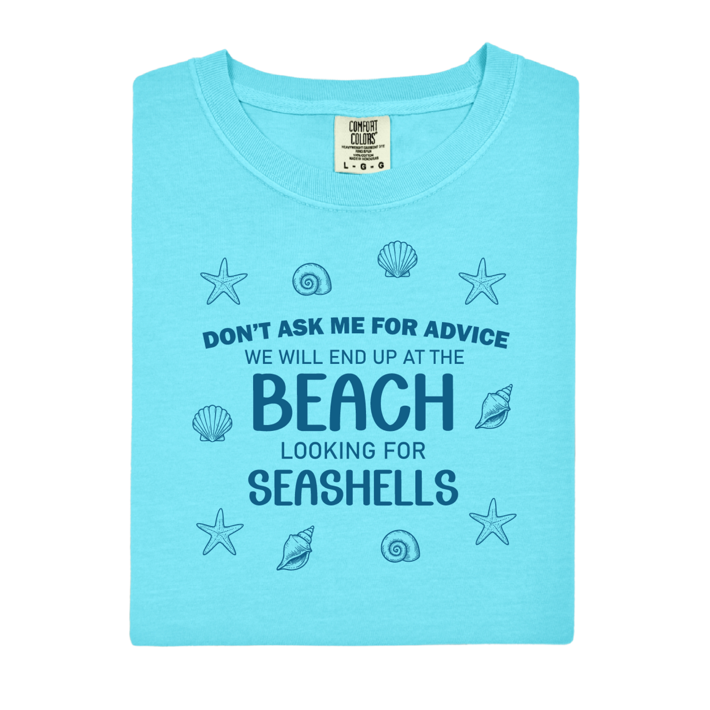 Light blue t-shirt with beach-themed text and graphics on a white background