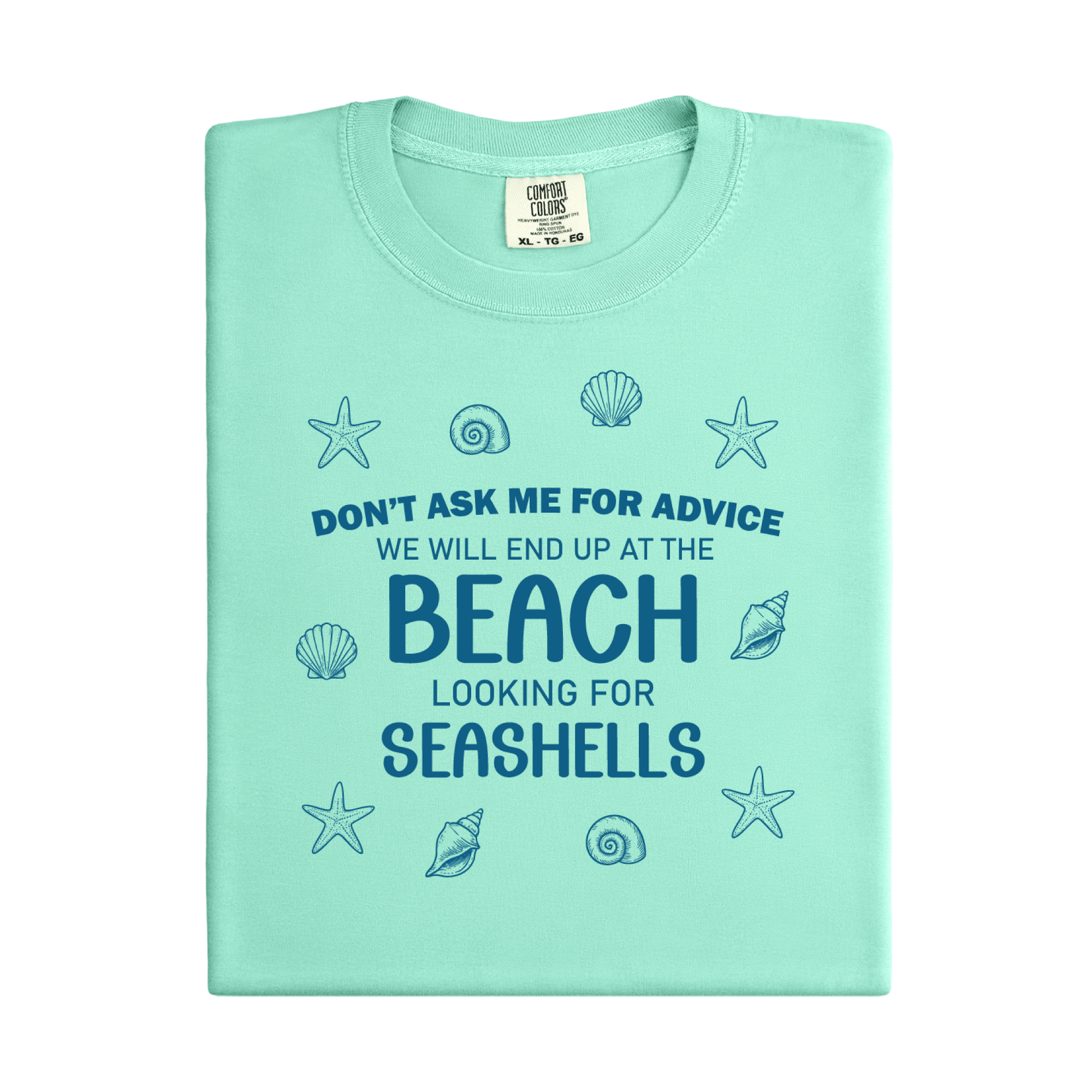 Mint green t-shirt with beach-themed text and graphics on a white background