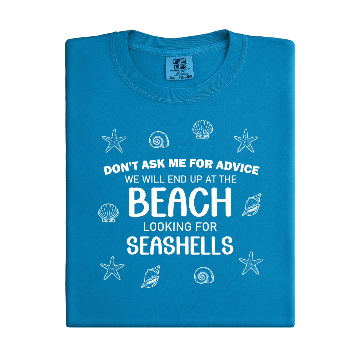 Blue t-shirt with white text and sea-themed graphics on a white background
