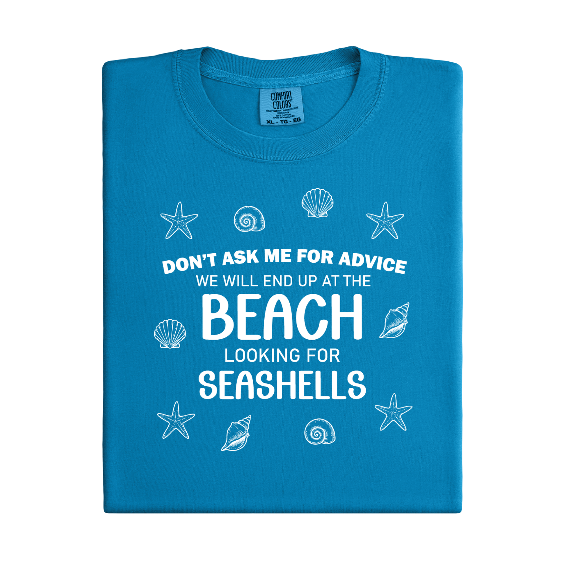 Blue t-shirt with white text and sea-themed graphics on a white background