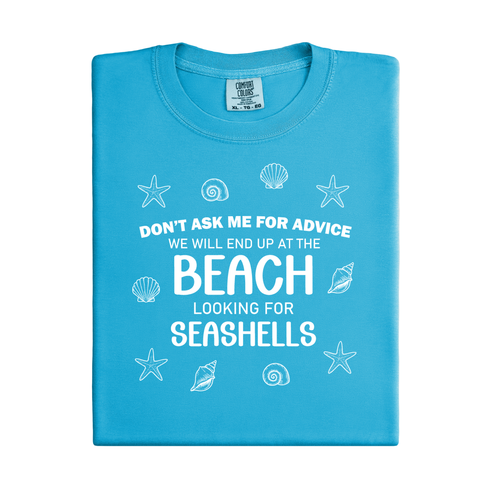 Blue t-shirt with beach-themed text and graphics on a white background