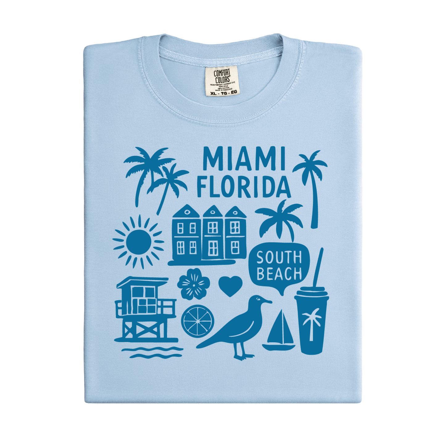 Light blue t-shirt with blue Miami Florida graphics on a white background