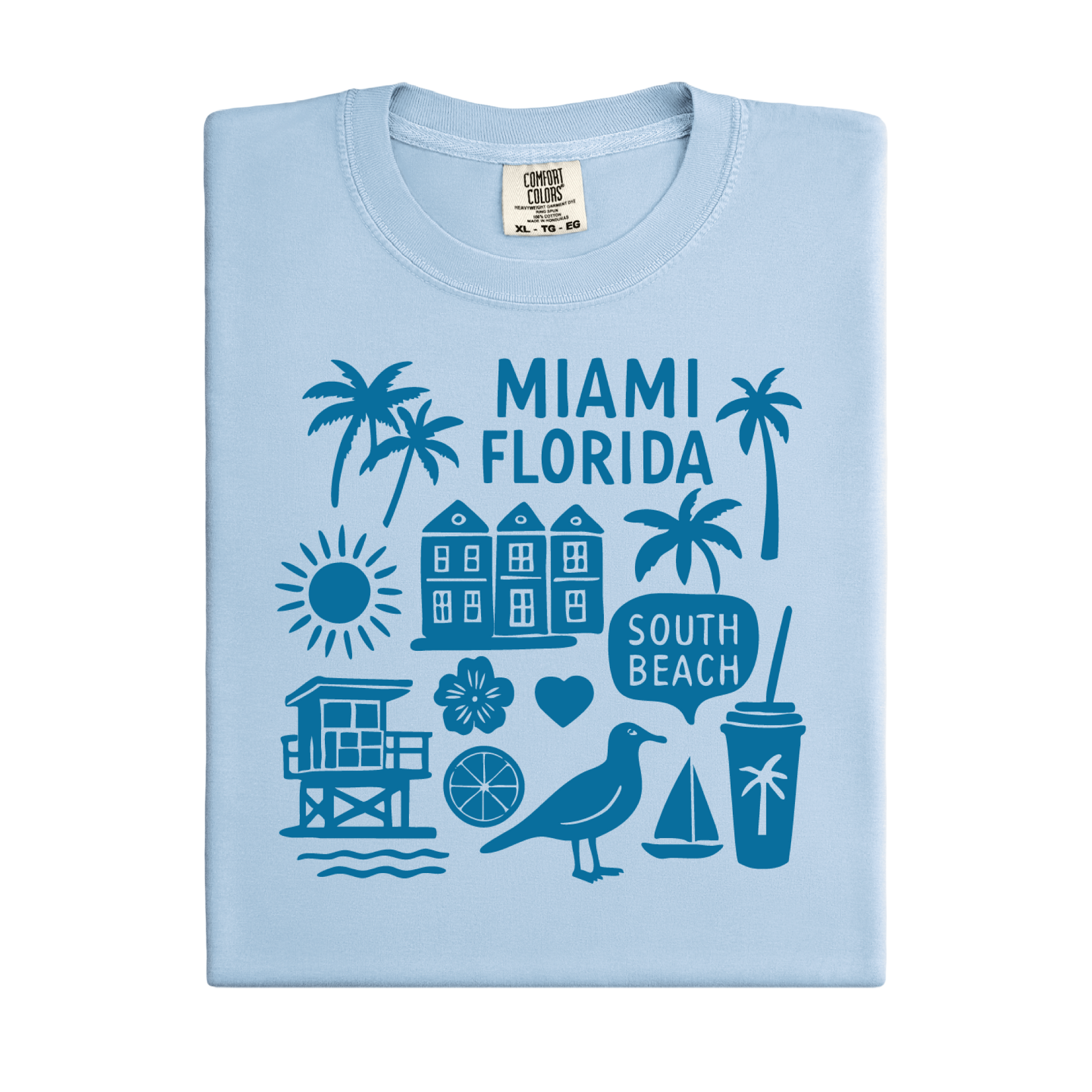 Light blue t-shirt with blue Miami Florida graphics on a white background