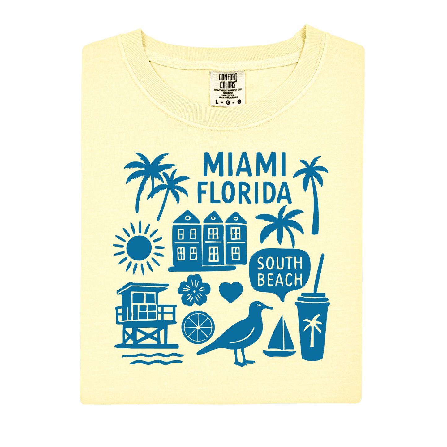 Yellow t-shirt with blue Miami Florida graphics on a white background