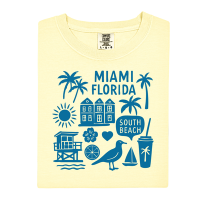 Yellow t-shirt with blue Miami Florida graphics on a white background