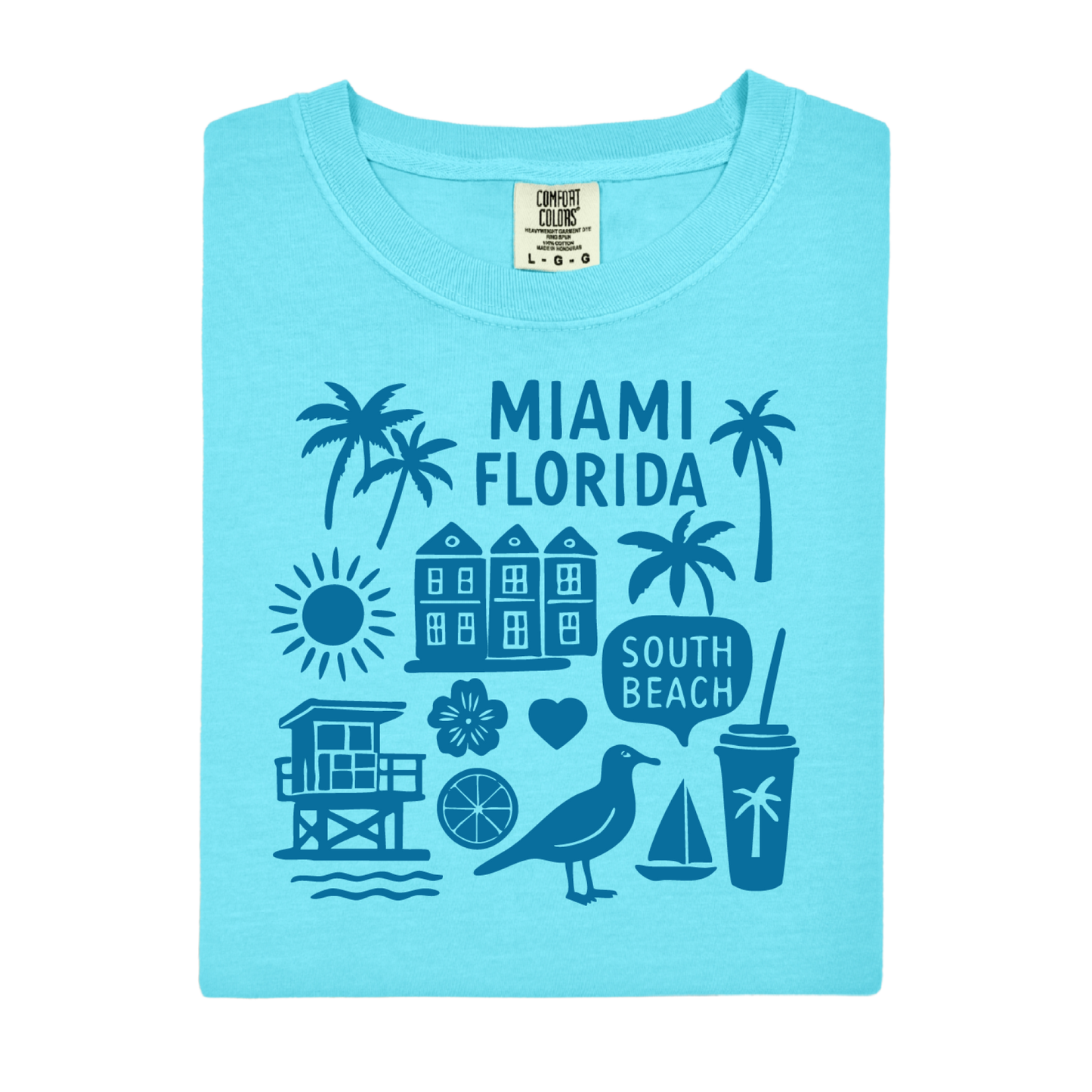 Light blue t-shirt with Miami Florida graphics on a white background