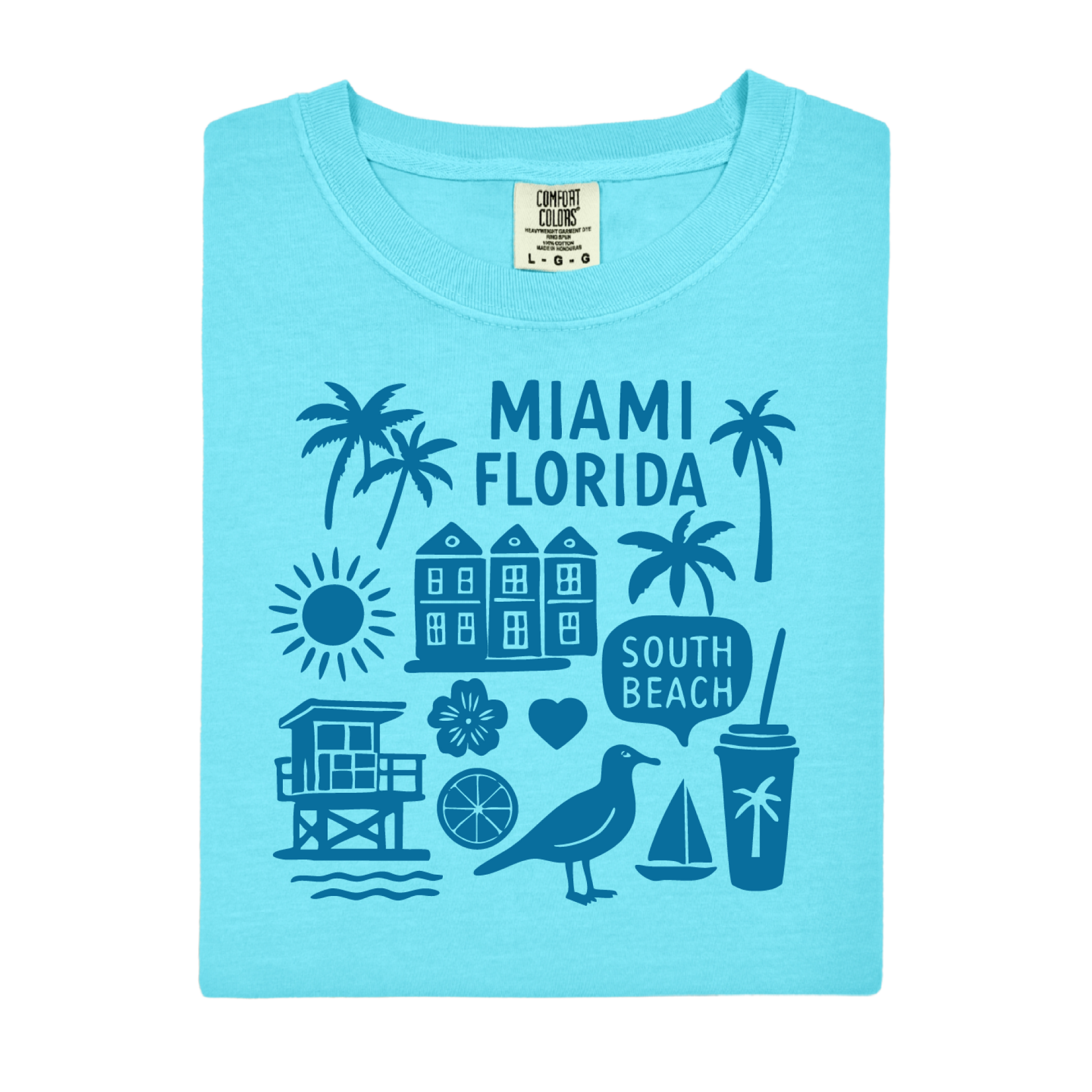 Light blue t-shirt with Miami Florida graphics on a white background