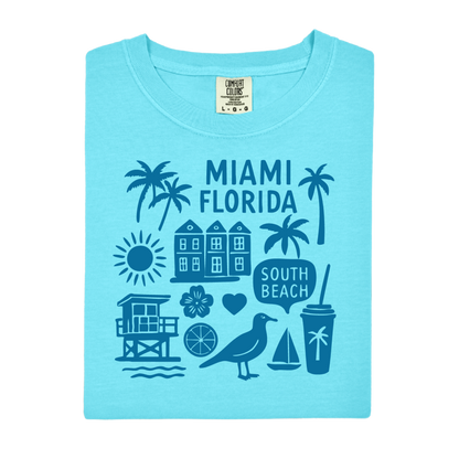 Light blue t-shirt with Miami Florida graphics on a white background