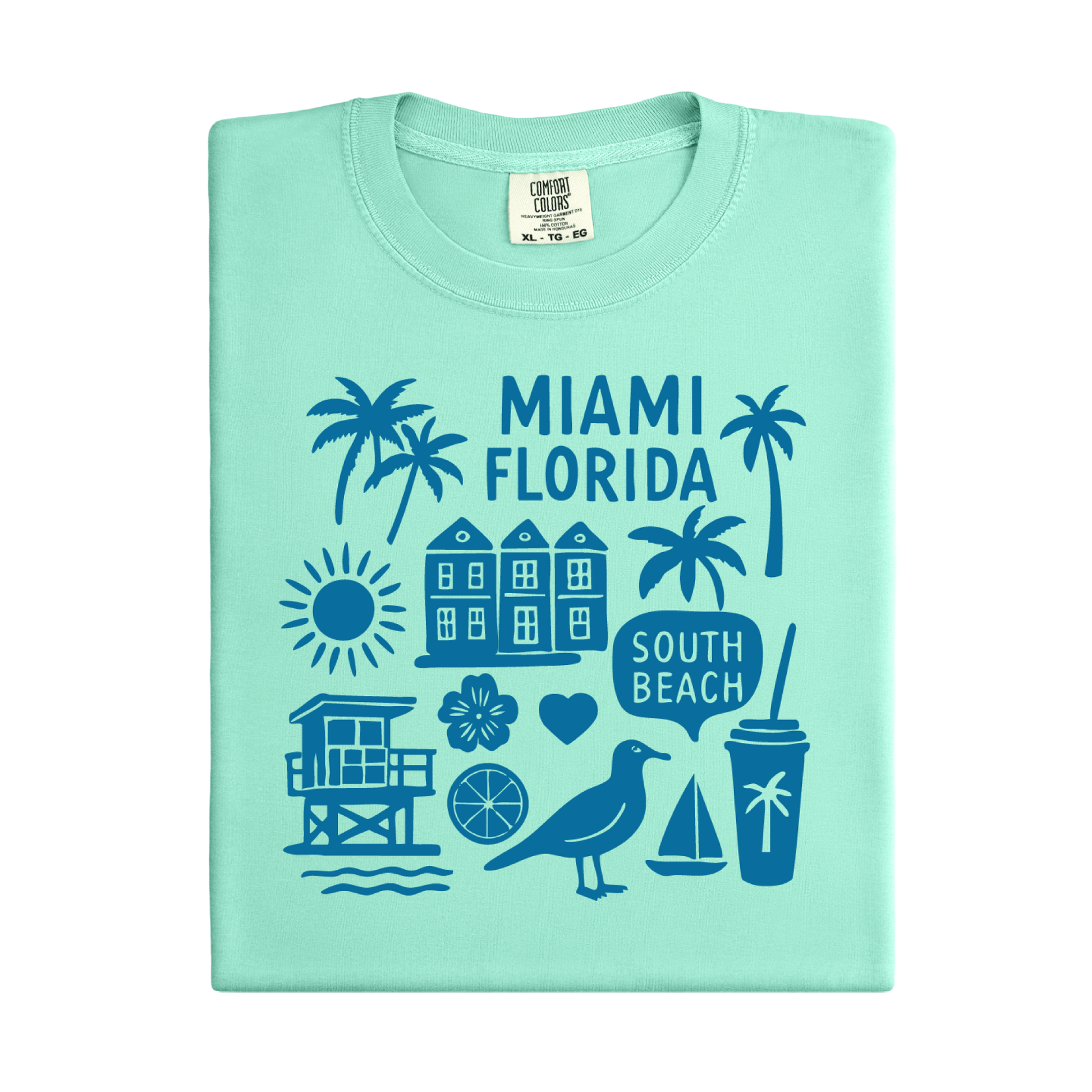 Light green t-shirt with blue Miami Florida graphics on a white background