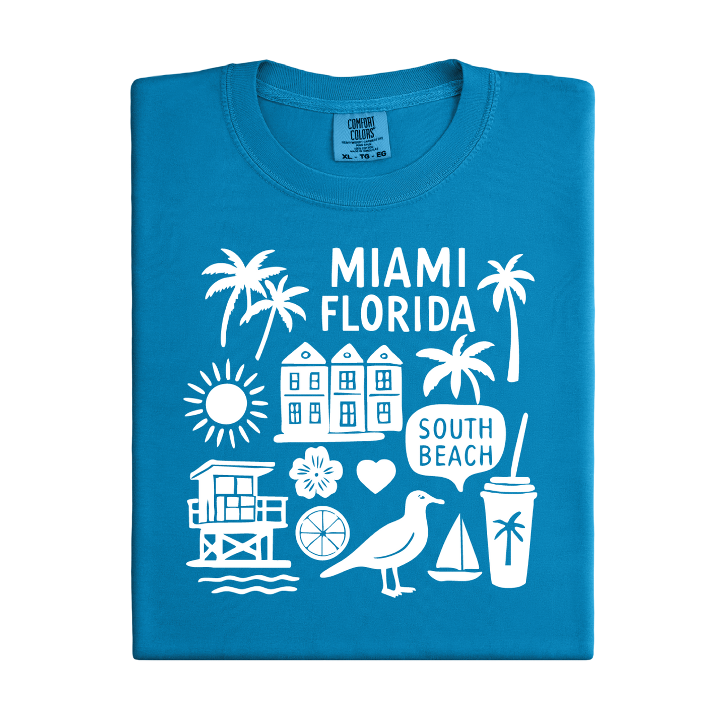 Blue t-shirt with white Miami Florida graphics on a white background