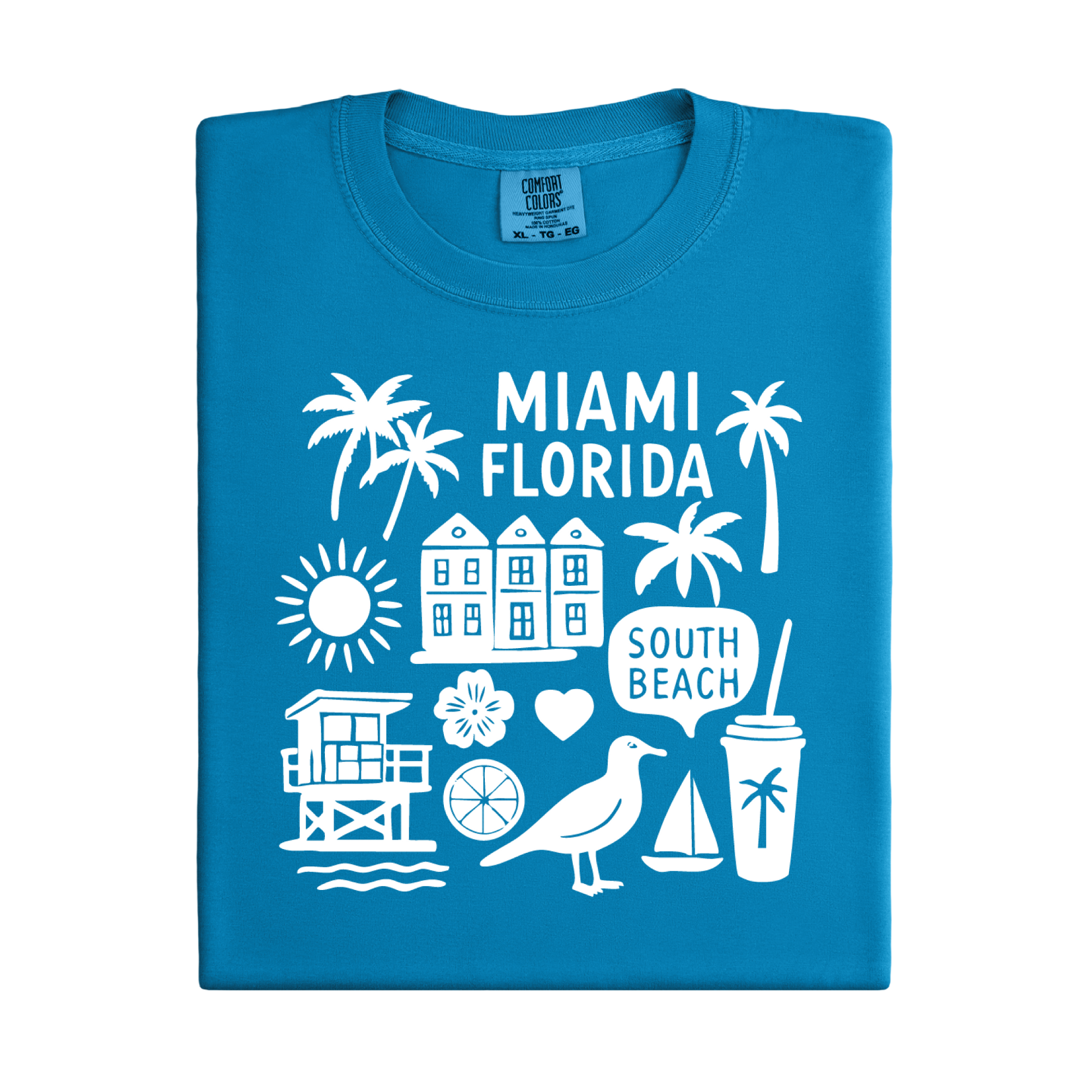 Blue t-shirt with white Miami Florida graphics on a white background