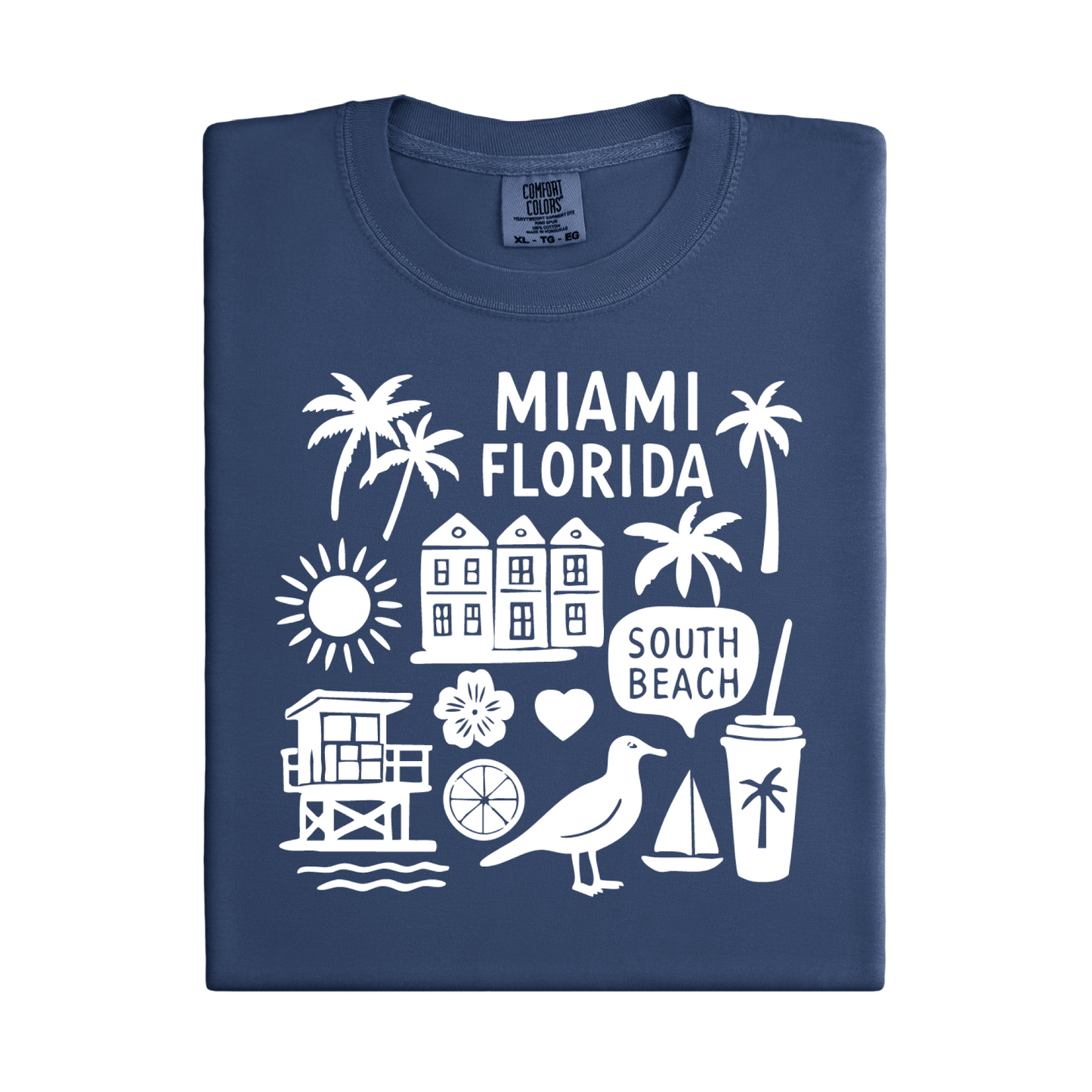 Folded navy blue t-shirt with white Miami Florida graphics on a white background