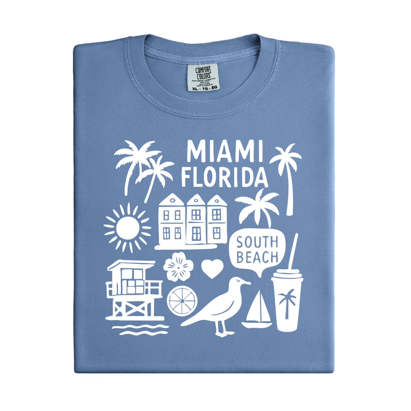 Blue t-shirt with white Miami Florida graphics on a white background
