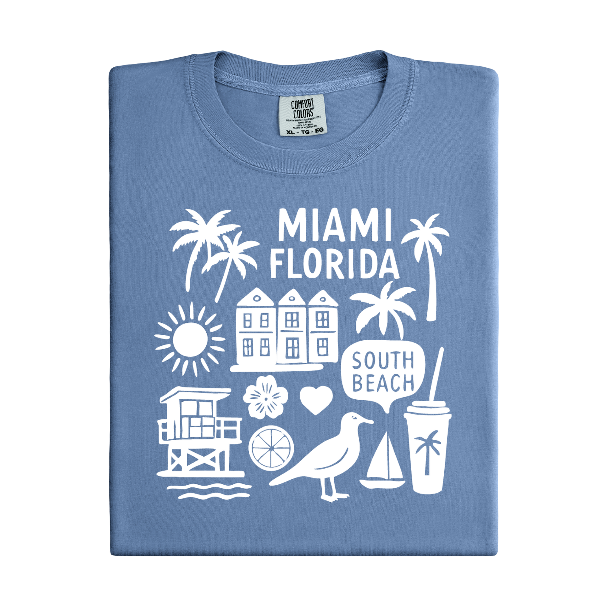 Blue t-shirt with white Miami Florida graphics on a white background