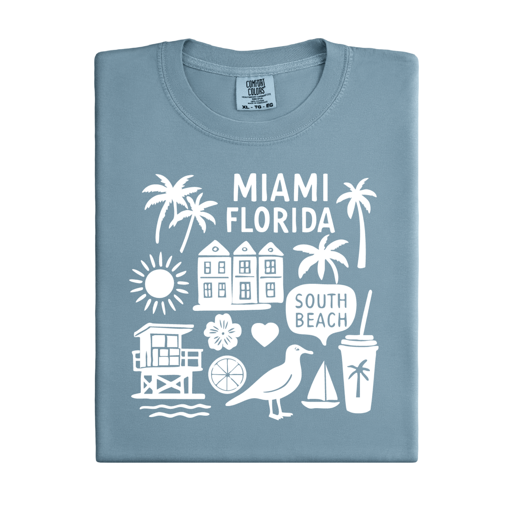 Blue t-shirt with white Miami Florida graphics on a white background