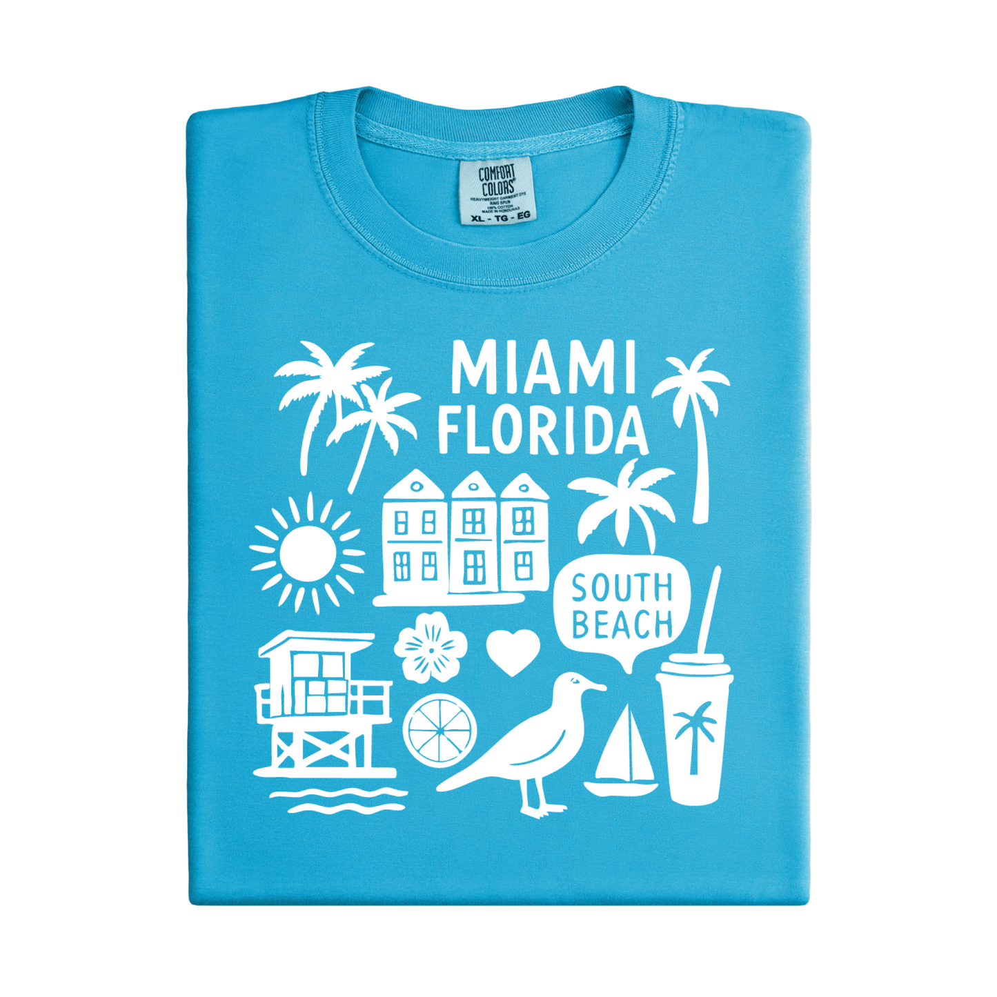 Blue t-shirt with white Miami Florida graphics on a white background