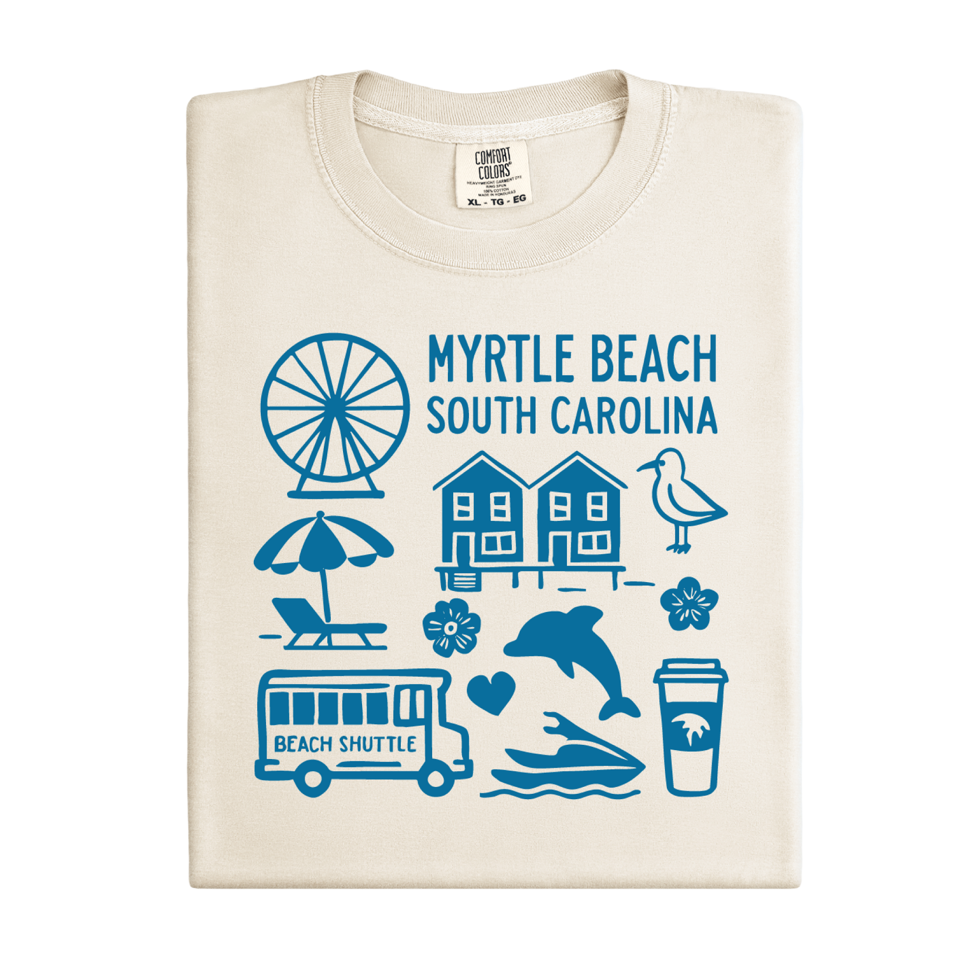 Beige t-shirt with blue graphics and text 'Myrtle Beach South Carolina' on a white background