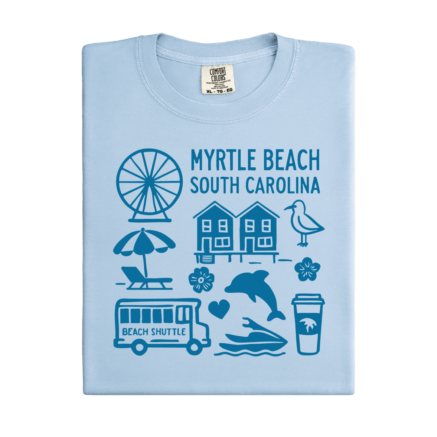 Light blue t-shirt with blue graphics and text on a white background