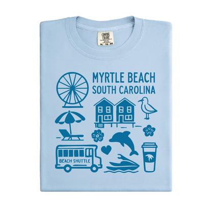 Light blue t-shirt with blue graphics and text on a white background