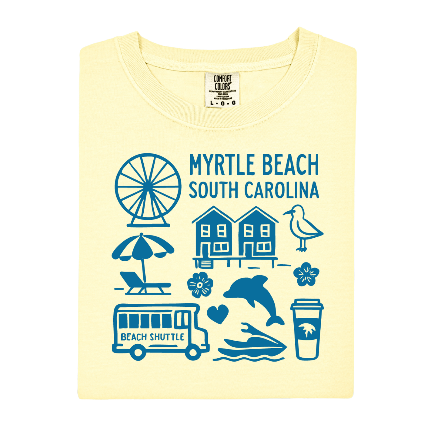 Yellow t-shirt with blue graphics and text about Myrtle Beach, South Carolina
