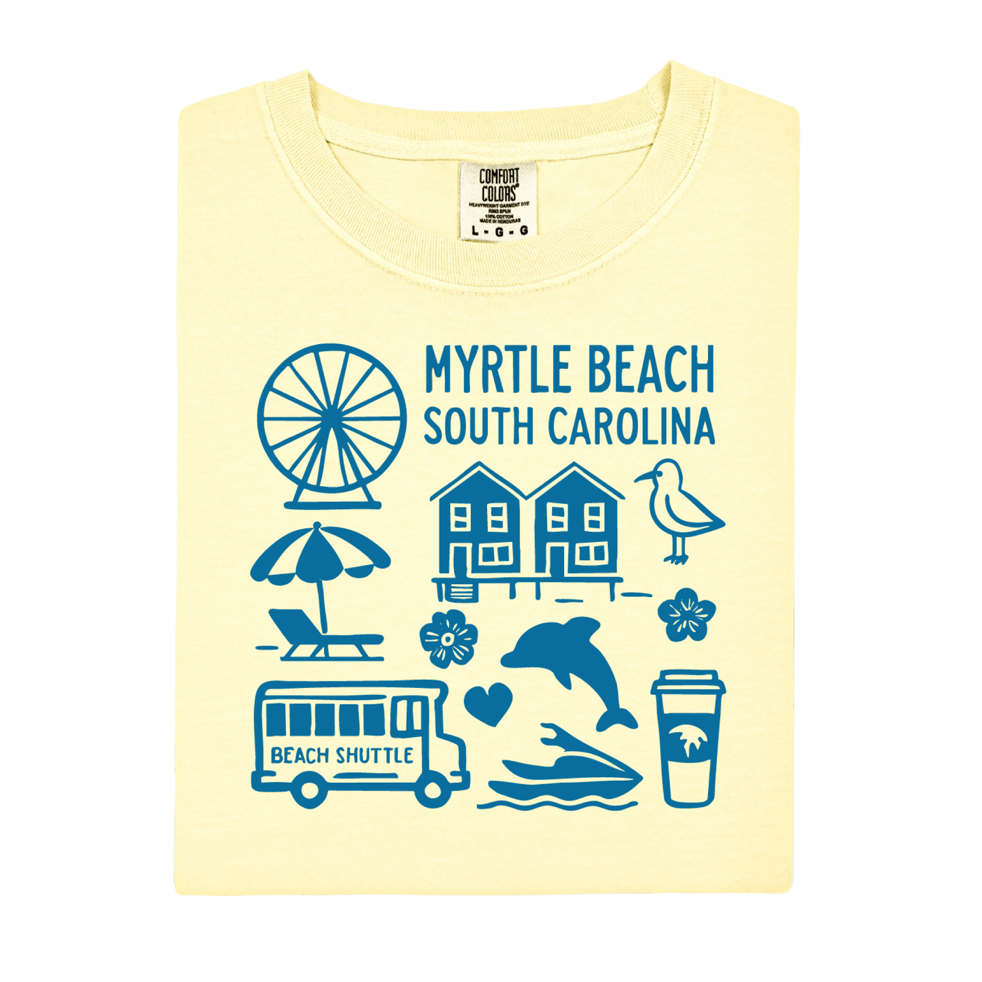 Yellow t-shirt with blue graphics and text about Myrtle Beach, South Carolina