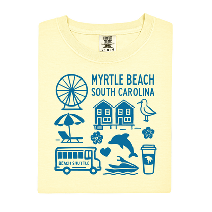 Yellow t-shirt with blue graphics and text about Myrtle Beach, South Carolina