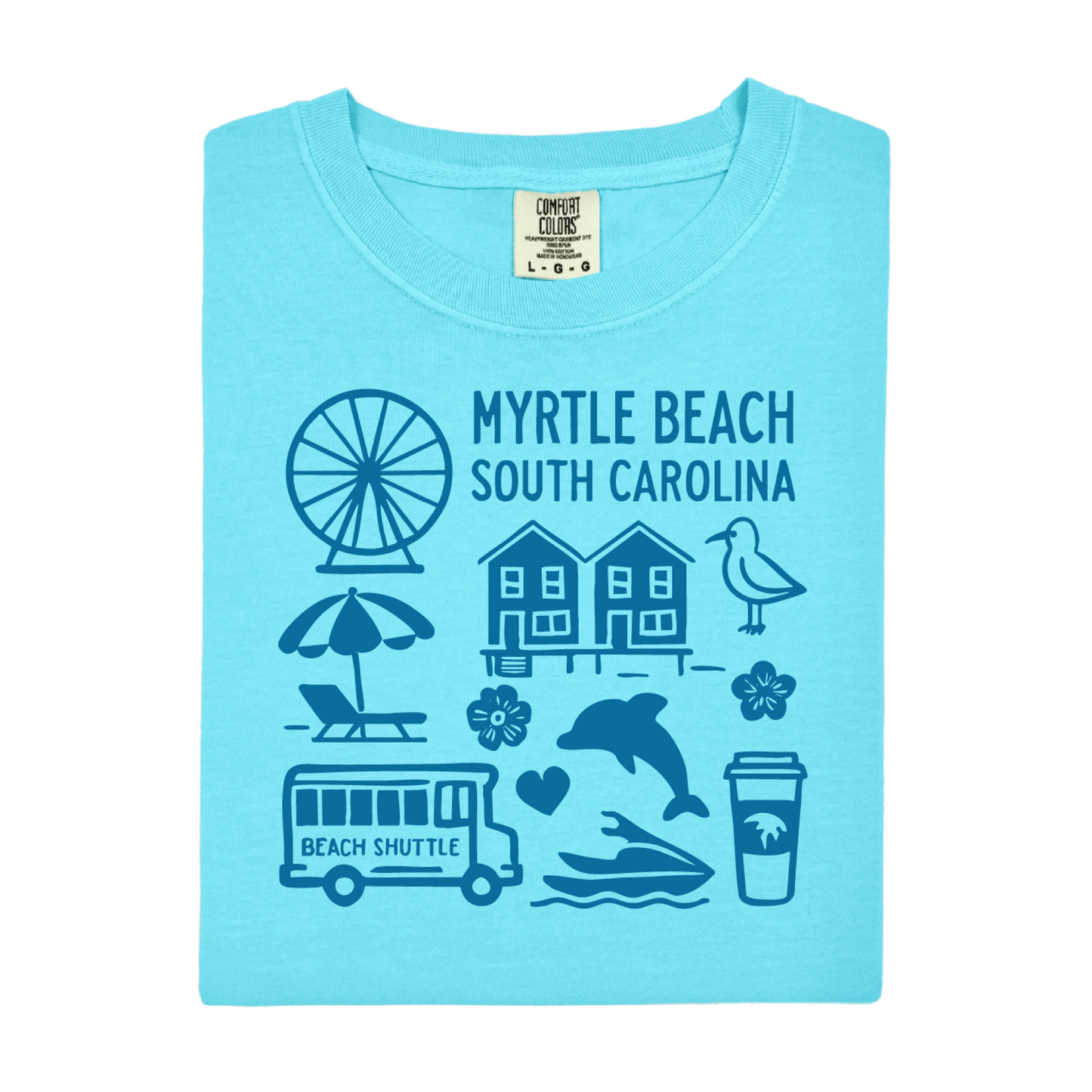 Light blue t-shirt with beach-themed graphics and 'Myrtle Beach, South Carolina' text on a white background