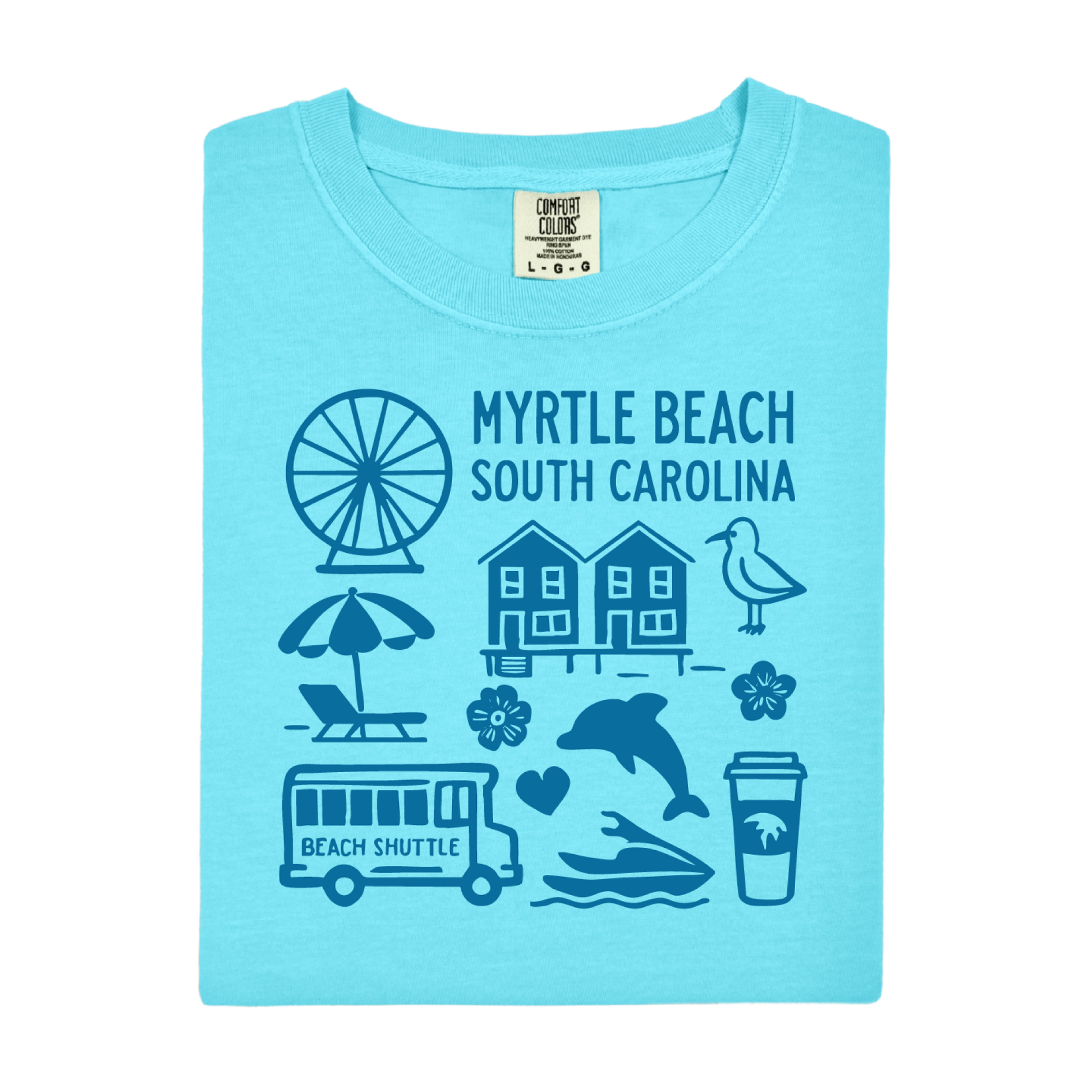 Light blue t-shirt with beach-themed graphics and 'Myrtle Beach, South Carolina' text on a white background