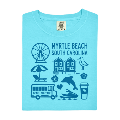 Light blue t-shirt with beach-themed graphics and 'Myrtle Beach, South Carolina' text on a white background