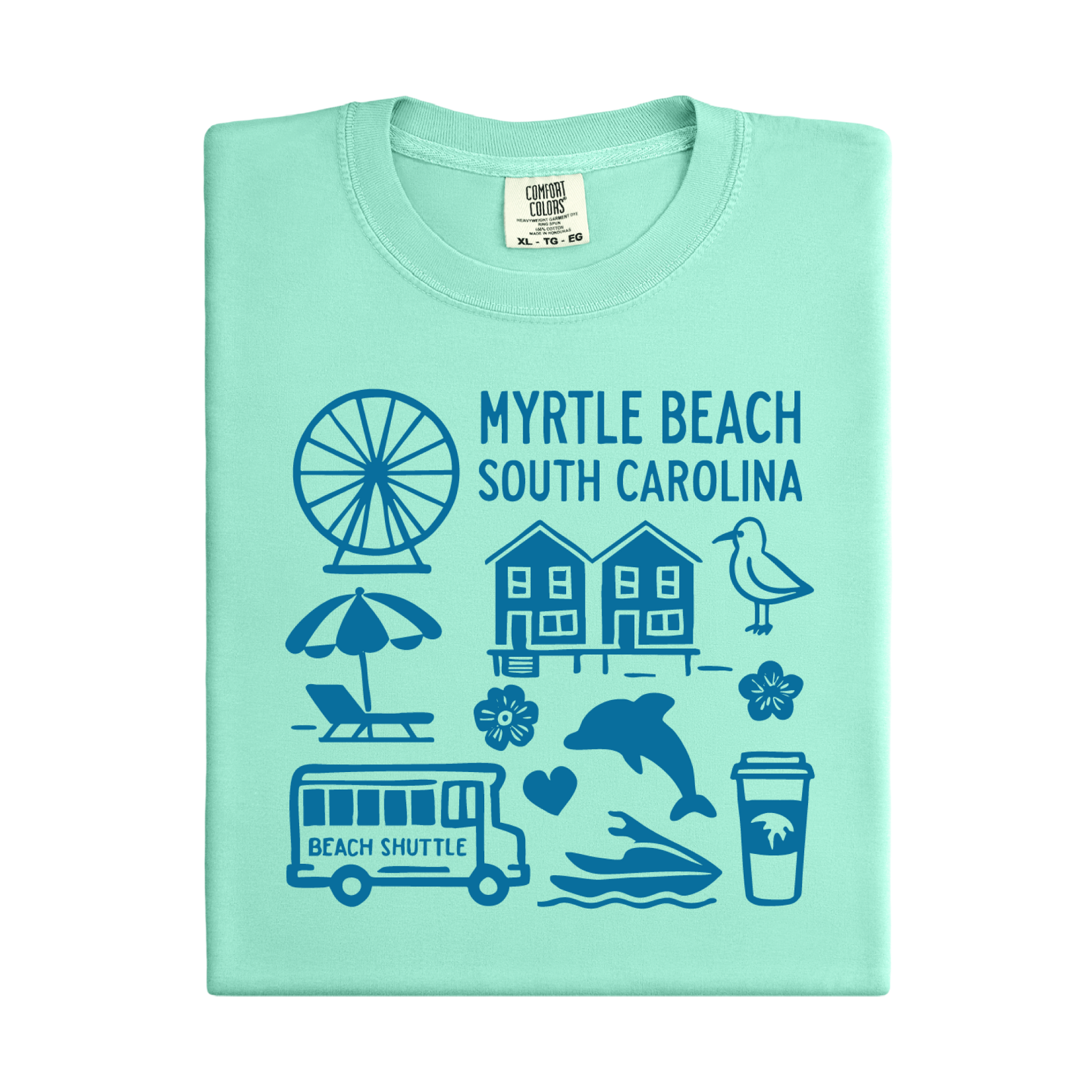 Light green t-shirt with beach-themed graphics and text on a white background