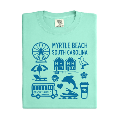 Light green t-shirt with beach-themed graphics and text on a white background