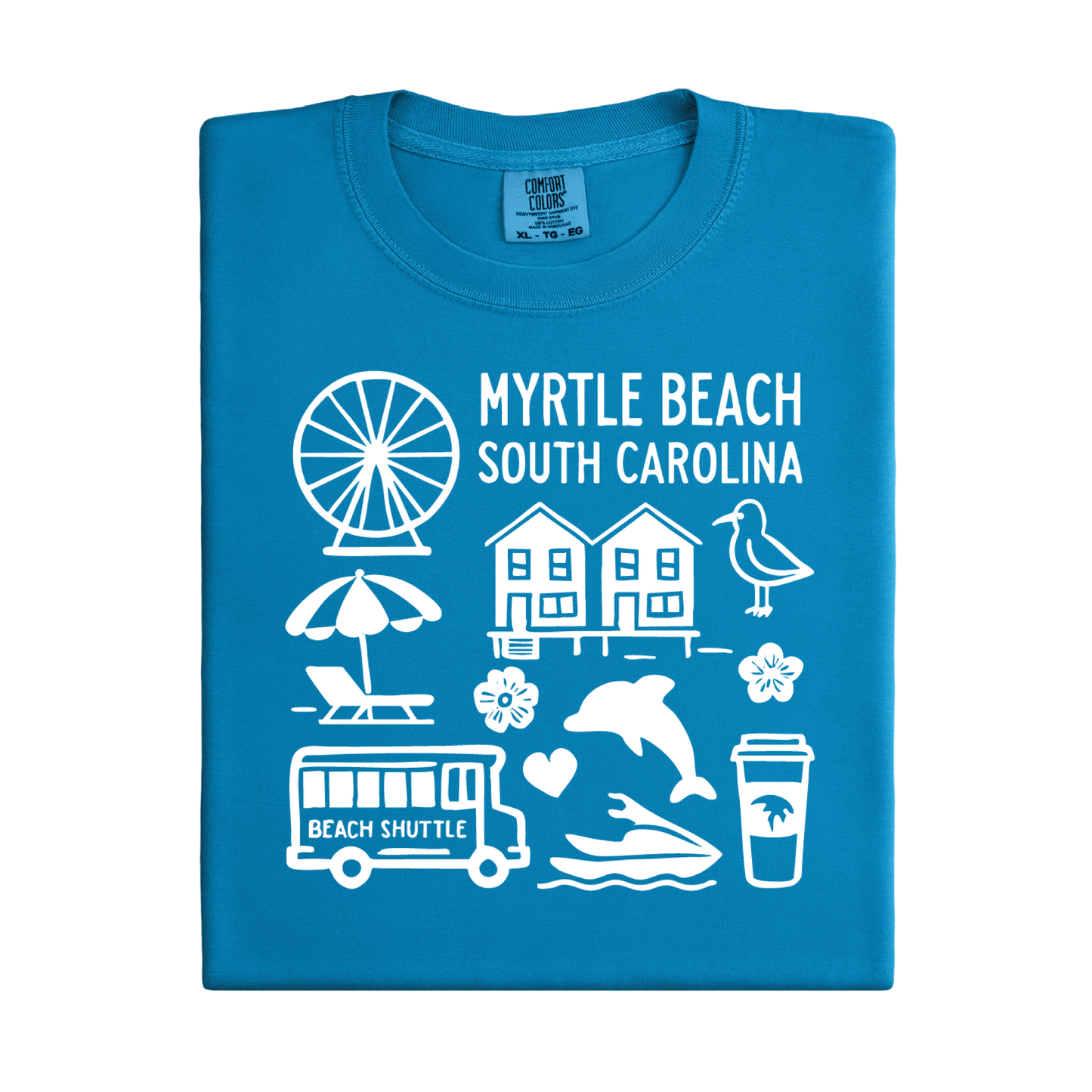 Folded blue t-shirt with white graphics and text about Myrtle Beach, South Carolina.