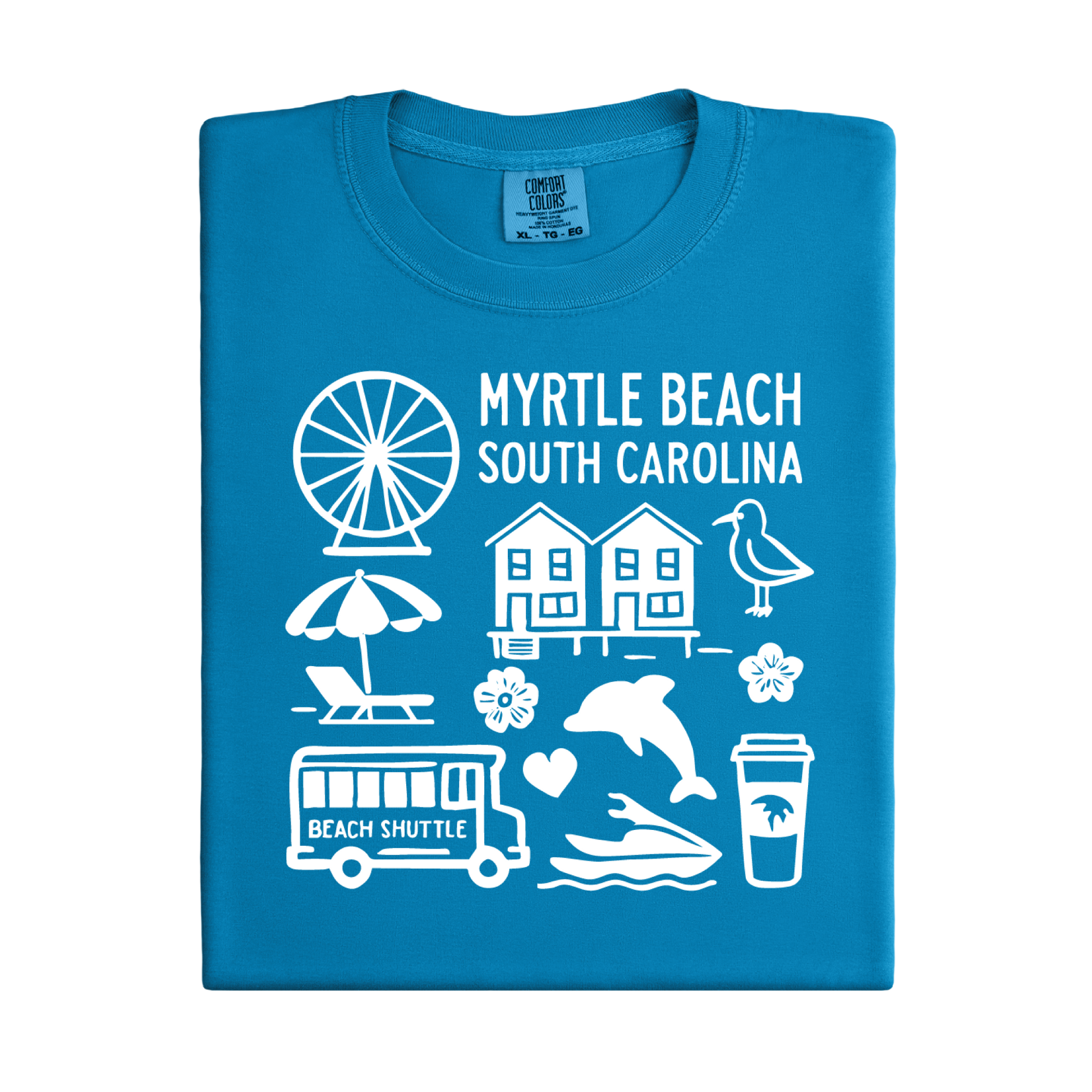 Folded blue t-shirt with white graphics and text about Myrtle Beach, South Carolina.