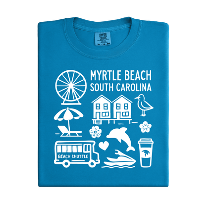Folded blue t-shirt with white graphics and text about Myrtle Beach, South Carolina.