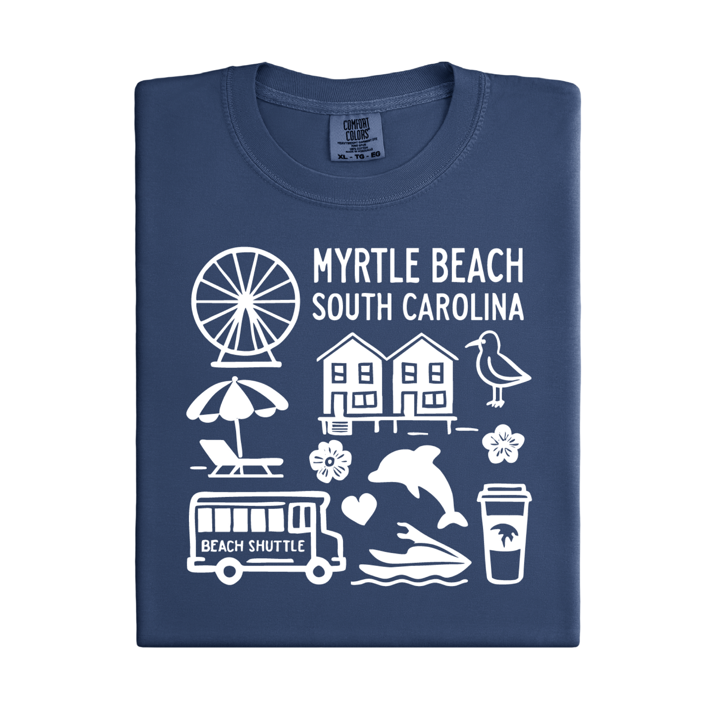 Folded navy blue t-shirt with white graphics and text about Myrtle Beach, South Carolina.