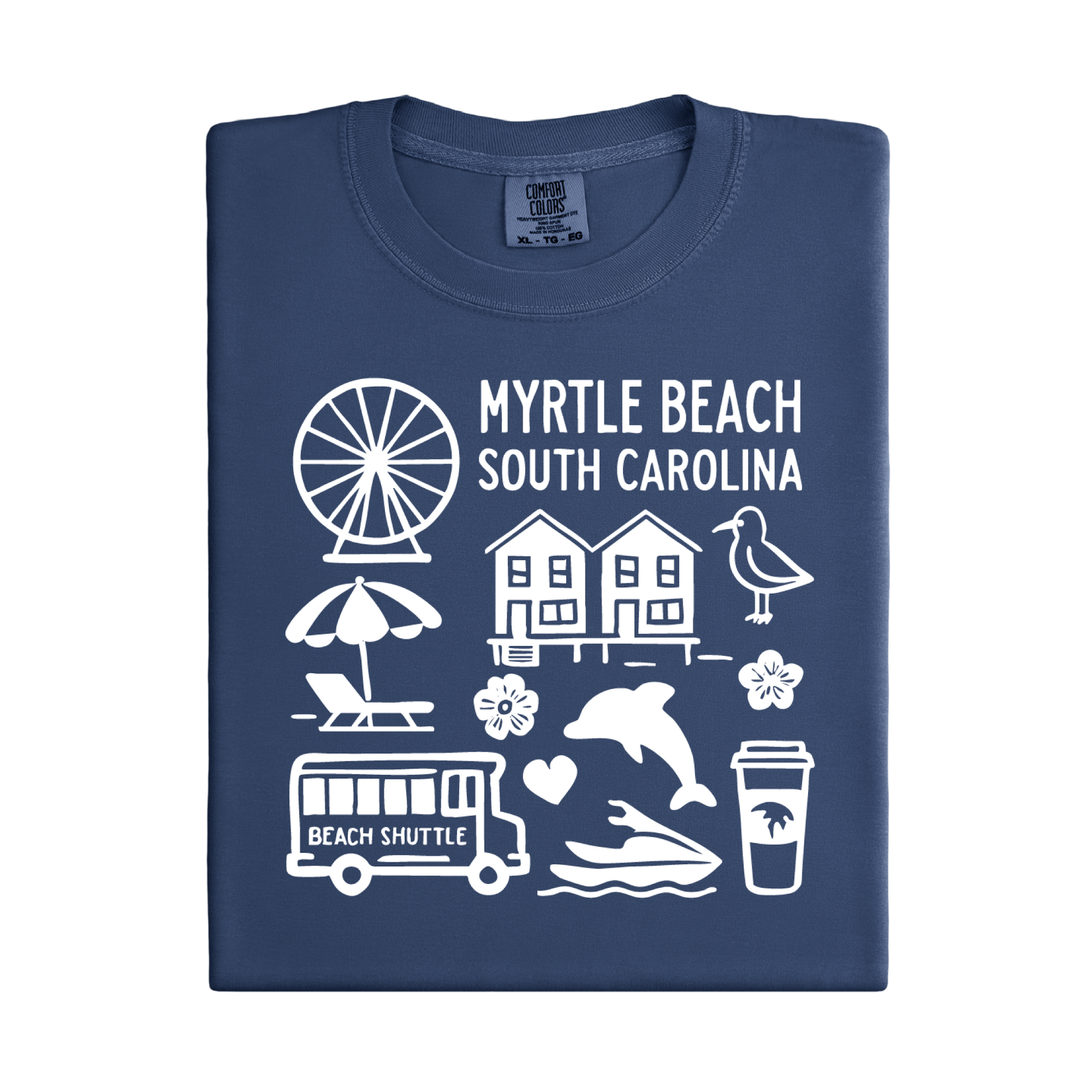 Folded navy blue t-shirt with white graphics and text about Myrtle Beach, South Carolina.