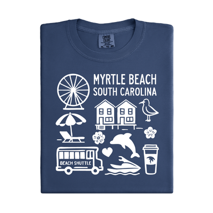 Folded navy blue t-shirt with white graphics and text about Myrtle Beach, South Carolina.
