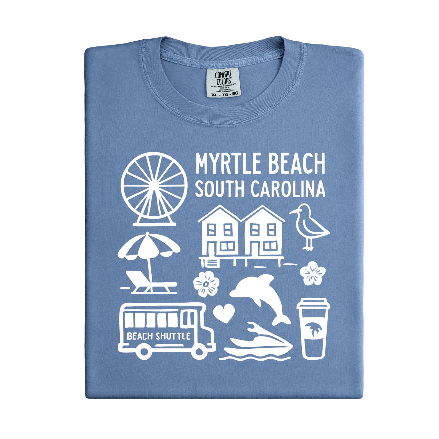 Blue t-shirt with white graphics and text about Myrtle Beach, South Carolina