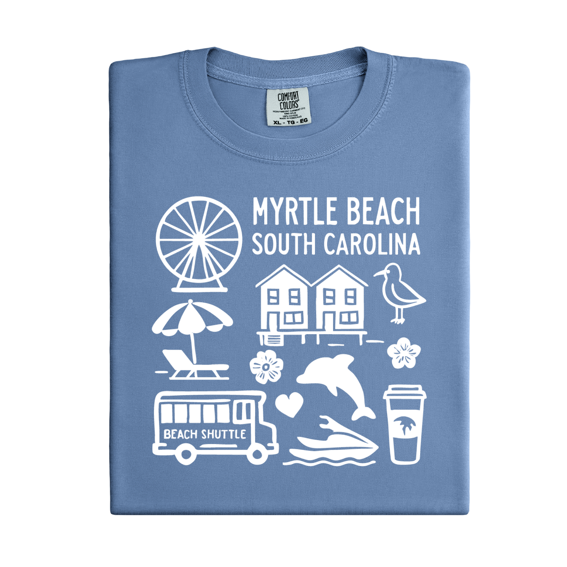 Blue t-shirt with white graphics and text about Myrtle Beach, South Carolina